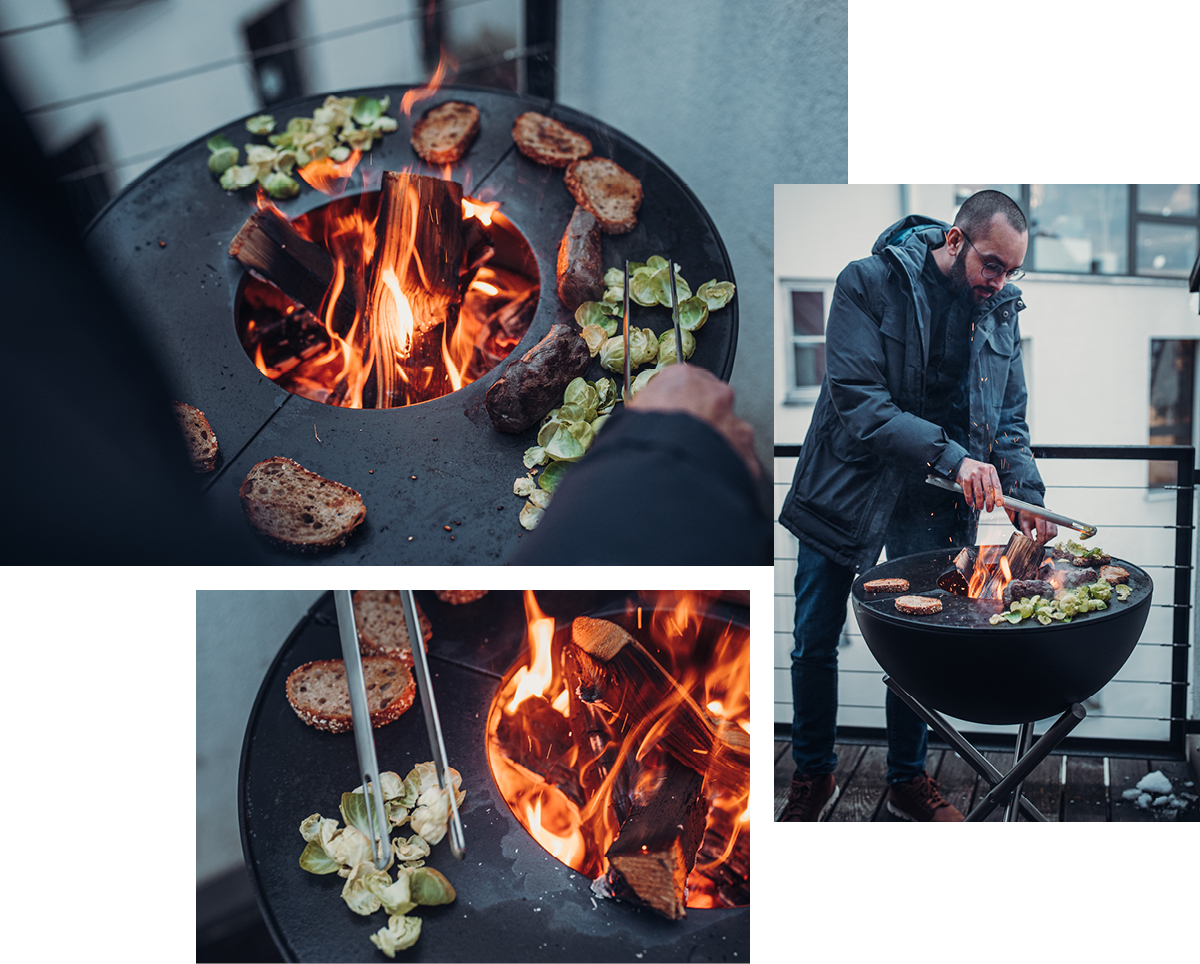 Illustrated is a man cooking food on a grill, with the BOWL Fire Bowl.