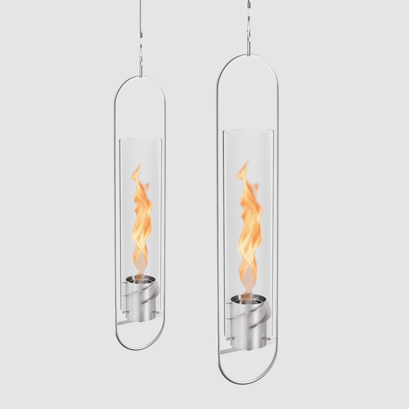 A depiction of two glass Fireplaces with a flame inside,