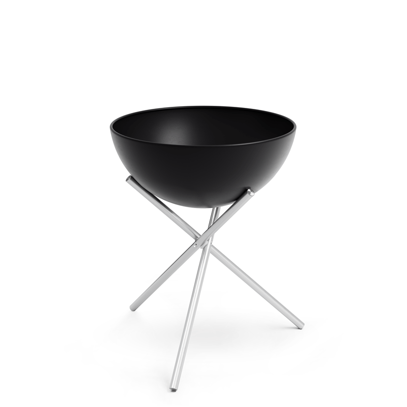 Experience a black bowl with a metal stand