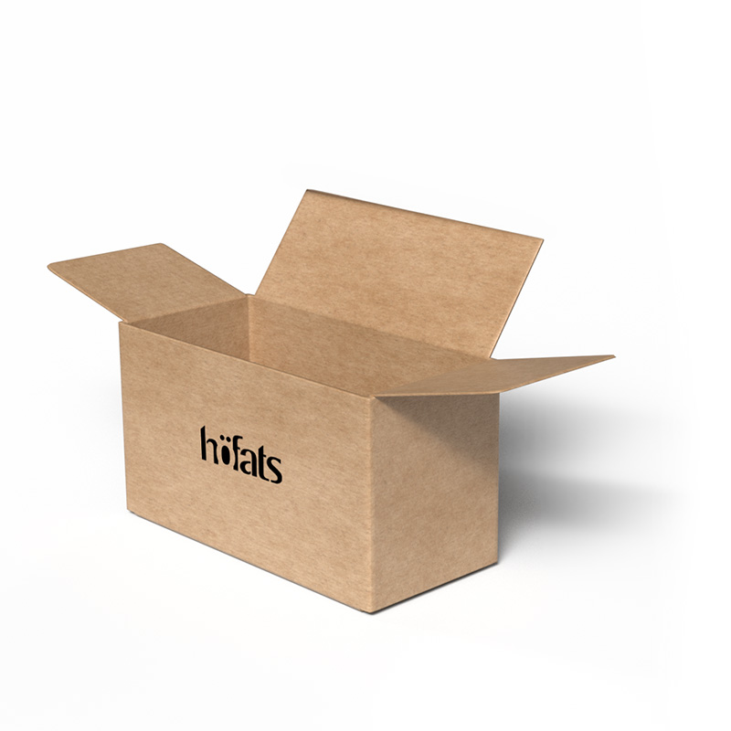 A cardboard box with the word 'hofats ' written on it