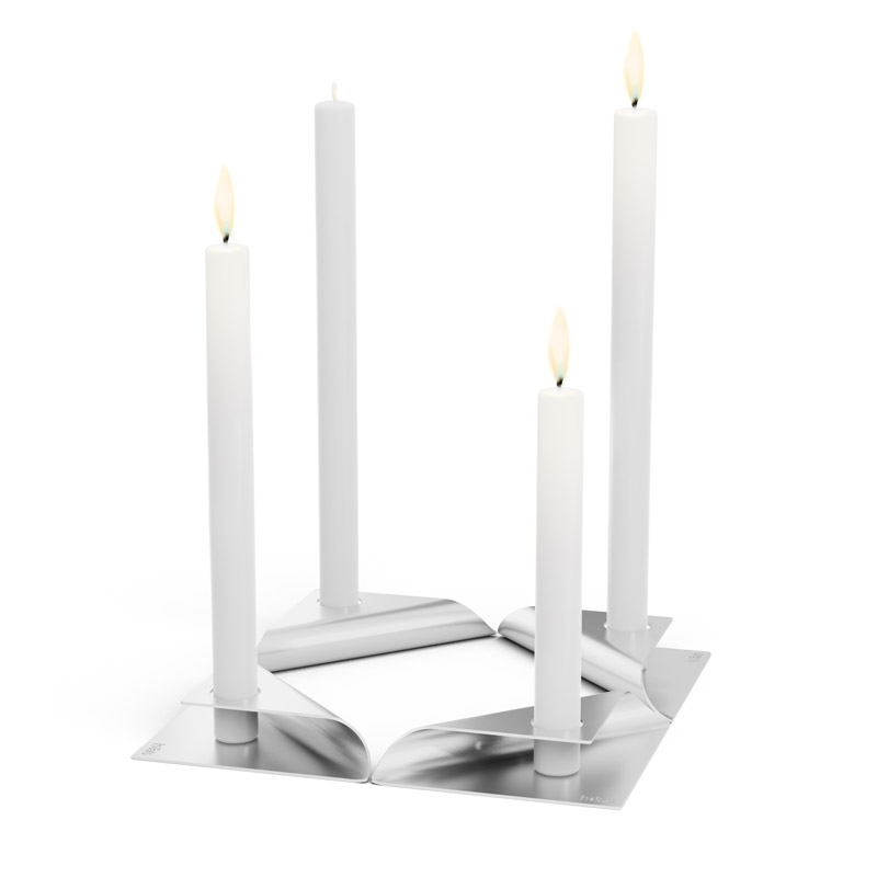 SQUARE CANDLE Candleholder Set silver The photo presents a white candle holder with two candles, with the SQUARE CANDLE Candleholder Set silver.