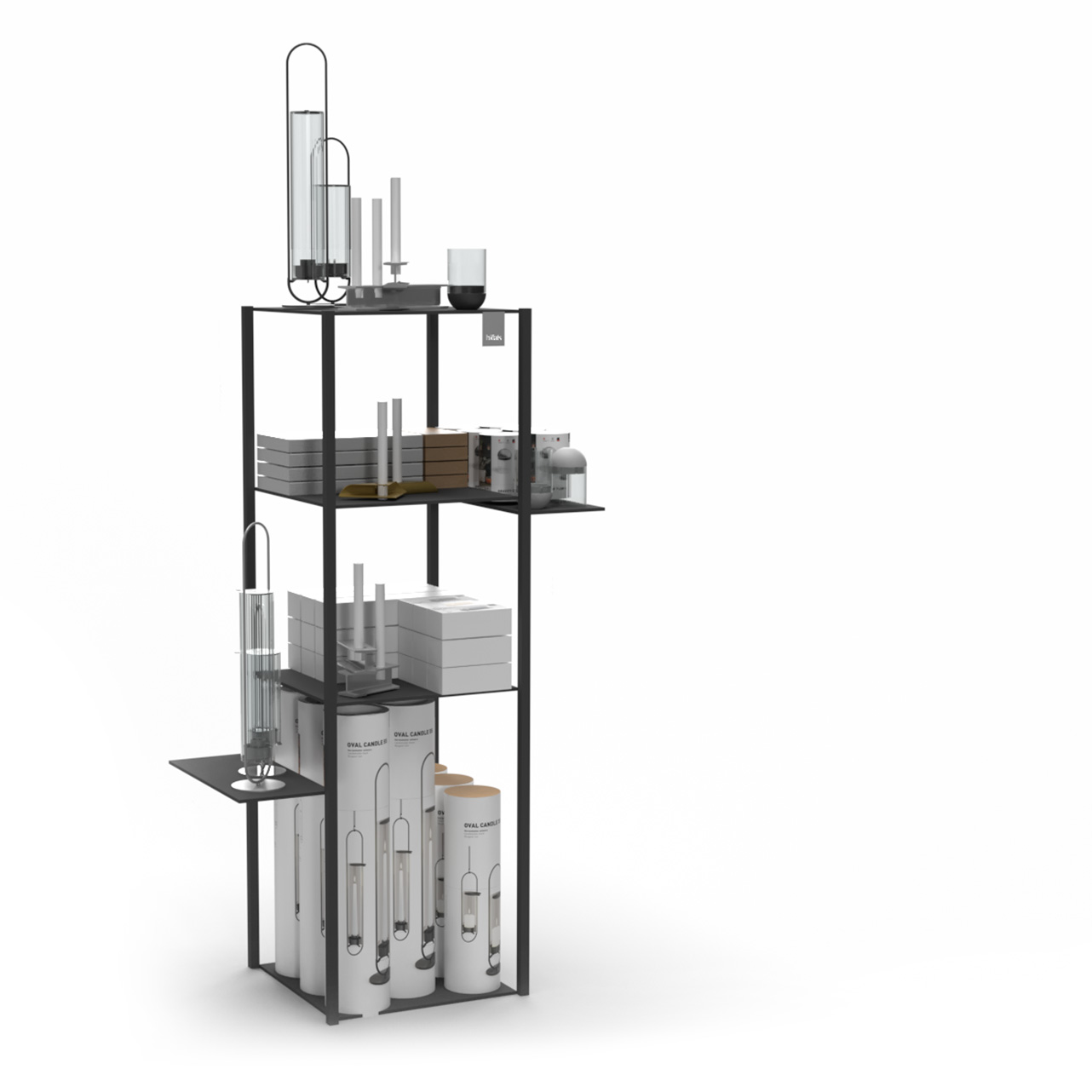 a black metal shelf with a variety of candles and candle holders. Showing the Candle Shelf.