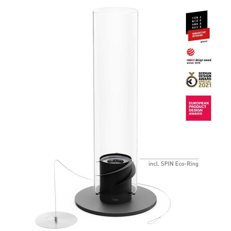 SPIN classic 1500 Pedestal Fireplace black An image showing the glass cylinder with a black base and a white base, with the SPIN 1500 Pedestal Fireplace black.