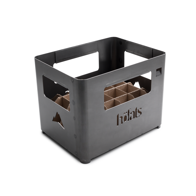 BEER BOX Fire Basket The Beer Box Firebasket is shown as a black metal box with a brown cardbox inlay.