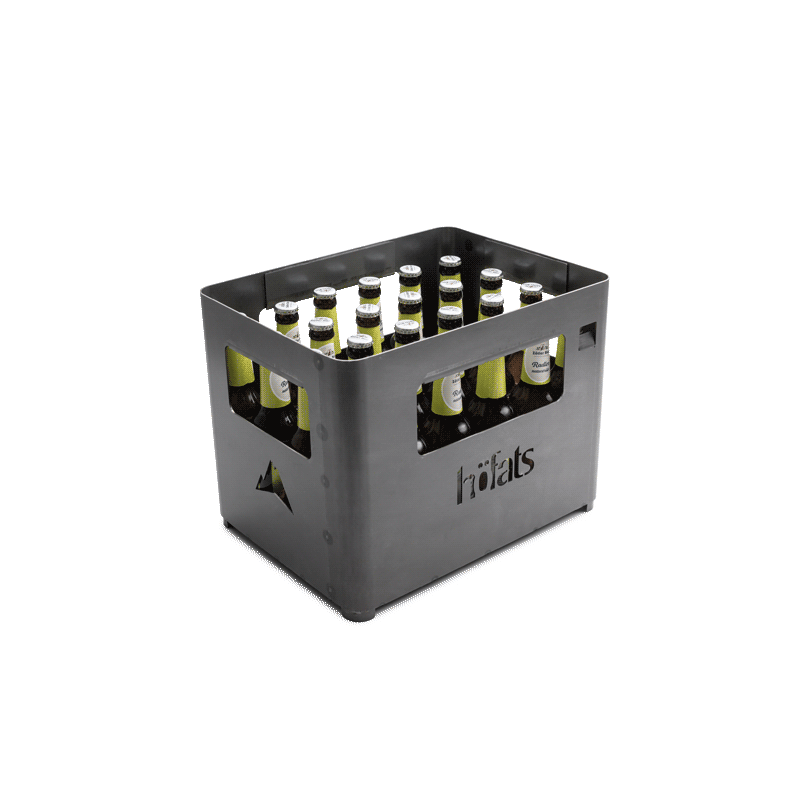 A black crate with six bottles of beer, with the Beer Box Firebasket Funktion adding a functional and elegant touch to the scene.