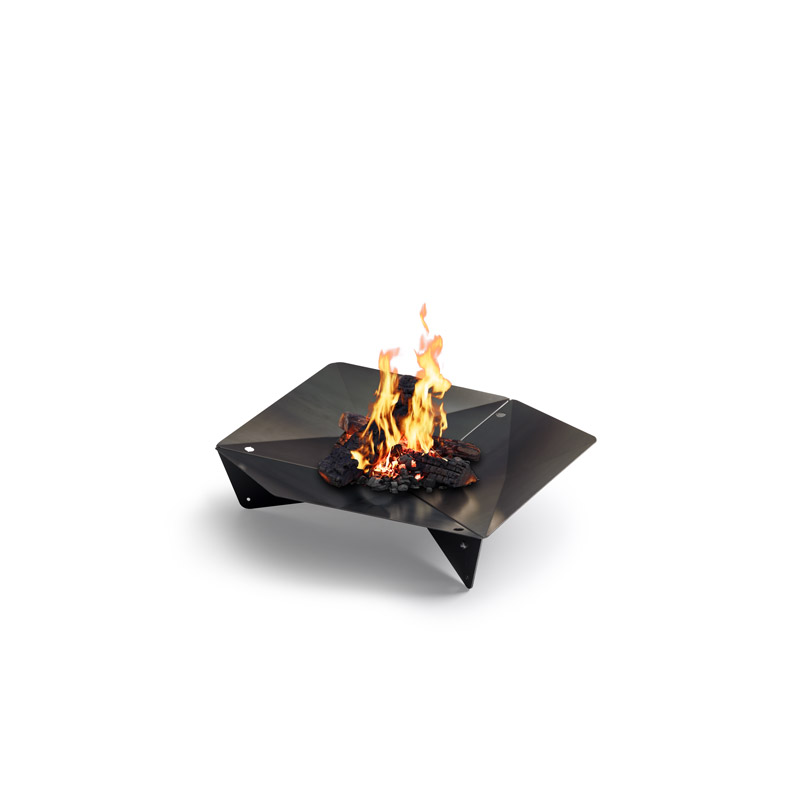 TRIPLE 90 Fire Bowl Depicted here is a black fire pit with flames on it, with the TRIPLE 90 Fire Bowl.