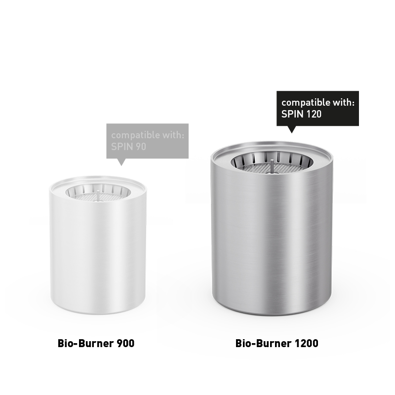 A depiction of a stainless steel cup, featuring the 00696 Spin 1200 Bio Burner as a central and purposeful element.