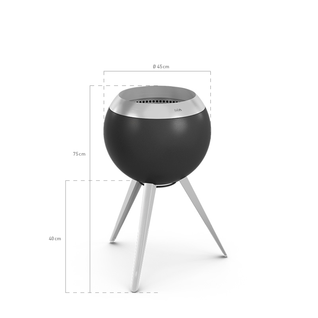 Scene showing the charcoal charcoal grill is shown with a dimensions, where the 00717 Moon 45 with high stand stands out for its practical elegance.