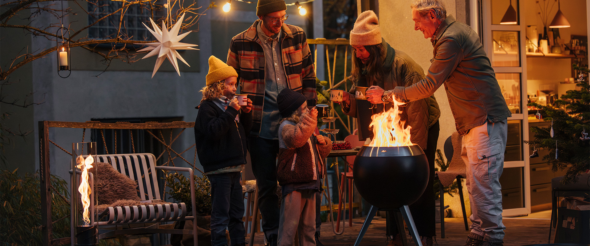 A depiction of a group of people standing around a fire pit