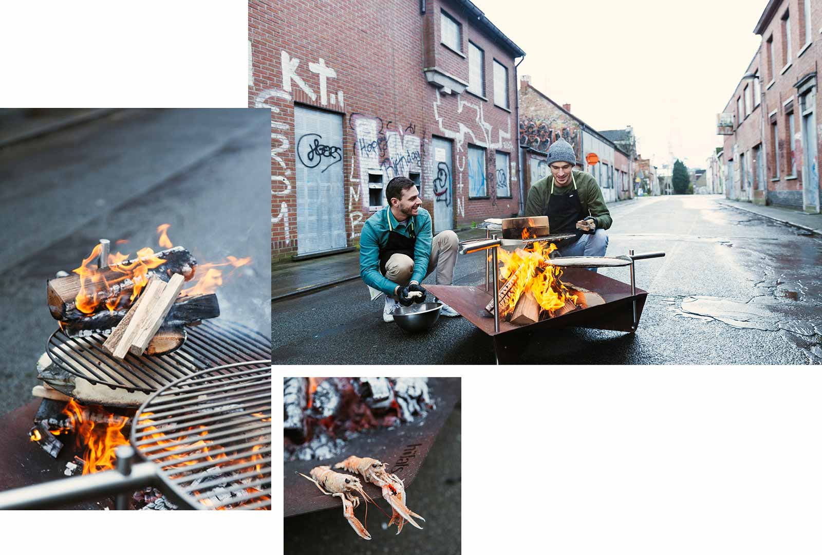 a man sitting on a bench next to a fire pit