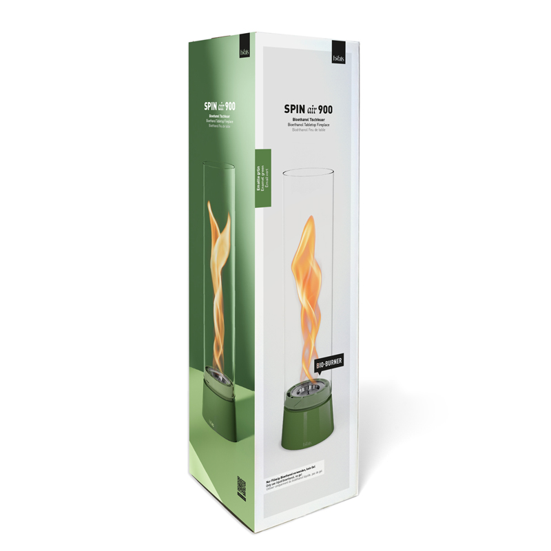SPIN air 900 Tabletop Fireplace enamel green The Spin Air 900 Tablefire Emaille green Packaging is featured in a thoughtfully styled setting, balancing design and function.