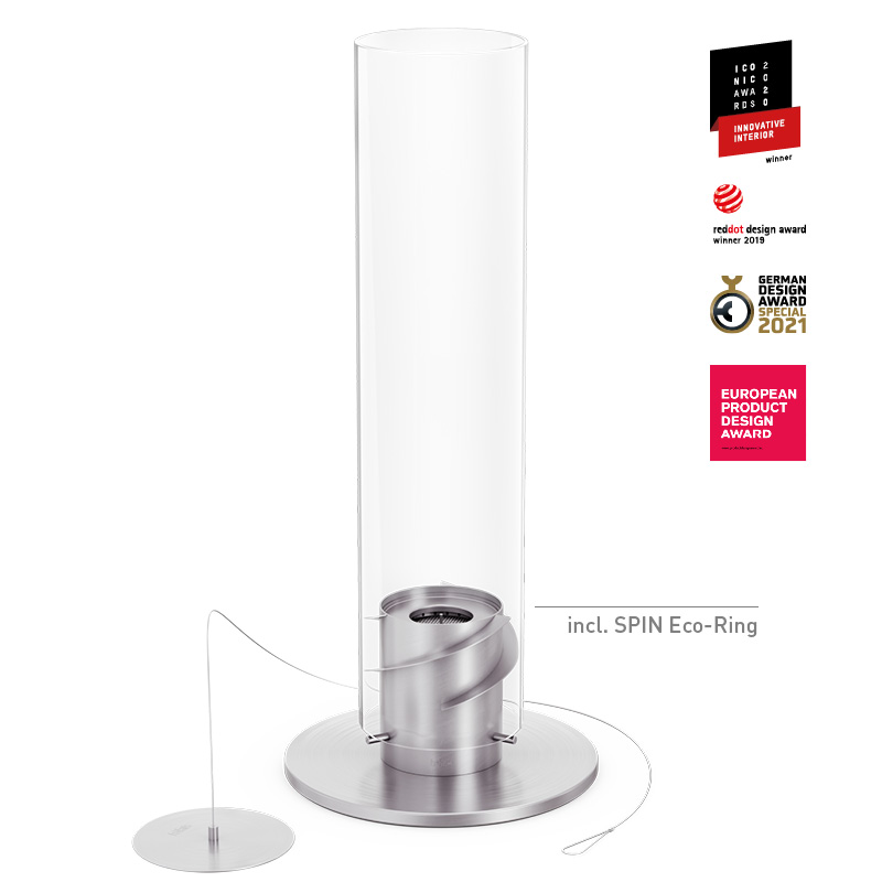 An image showing a glass tube with a metal stand, with the SPIN 1500 Pedestal Fireplace silver.