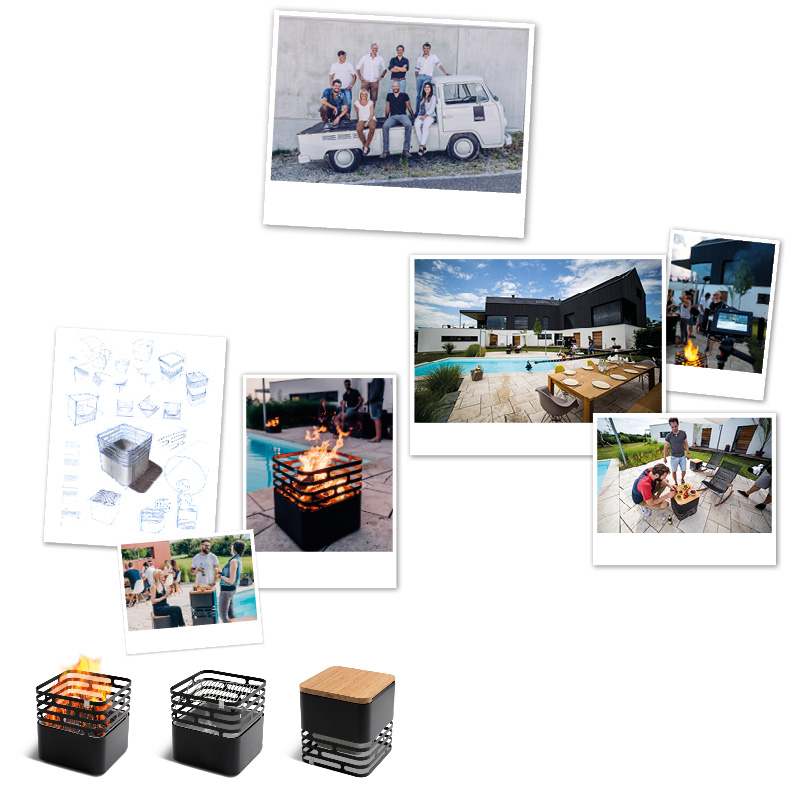 a collage of photos of people around a fire pit.