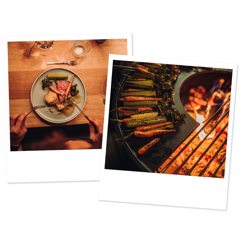 Depicted here is two pictures of food on a table, with the BOWL Fire Bowl.