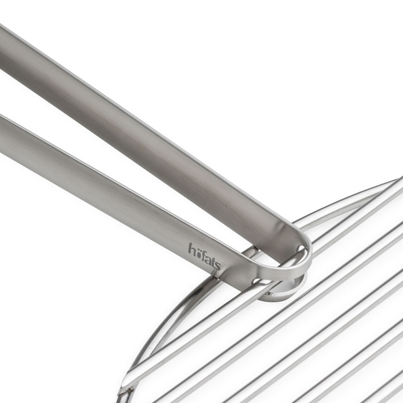 Illustrated is a large stainless steel tong with two handles