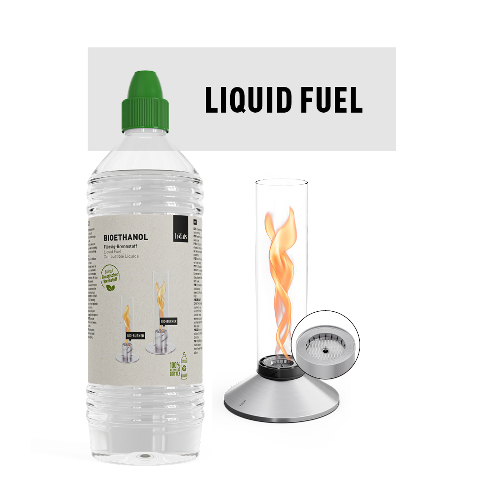 Übersichtsbild mit links einer Flasche flüssigem Bioethanol und rechts einem brennenden SPIN X. Bioethanol für SPIN X