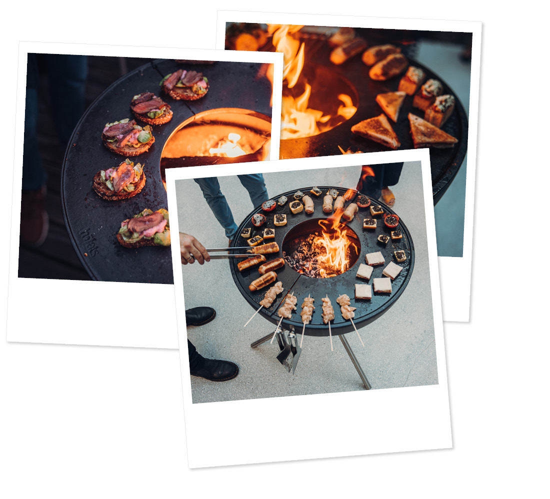 An image showing a couple of pictures of food on a grill, with the CUBE Plancha.