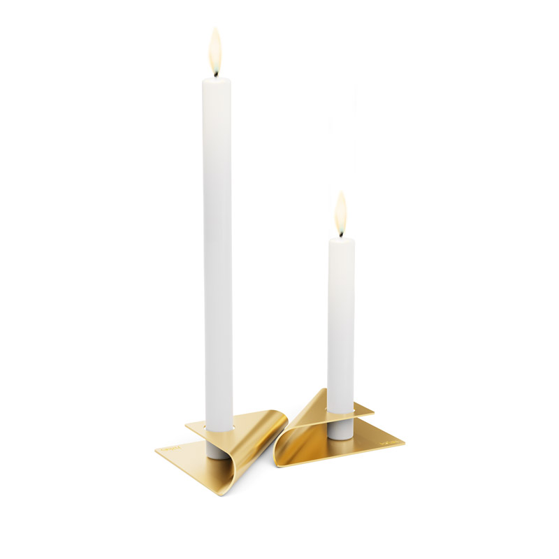 An image showing a pair of candles with a white candle, with the SQUARE CANDLE Candleholder gold.