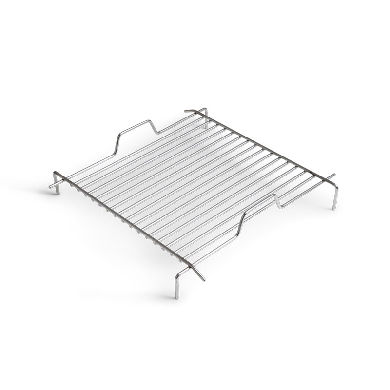 A depiction of a stainless steel grid with a white background, featuring the Cube Grill Grid as a central and purposeful element.