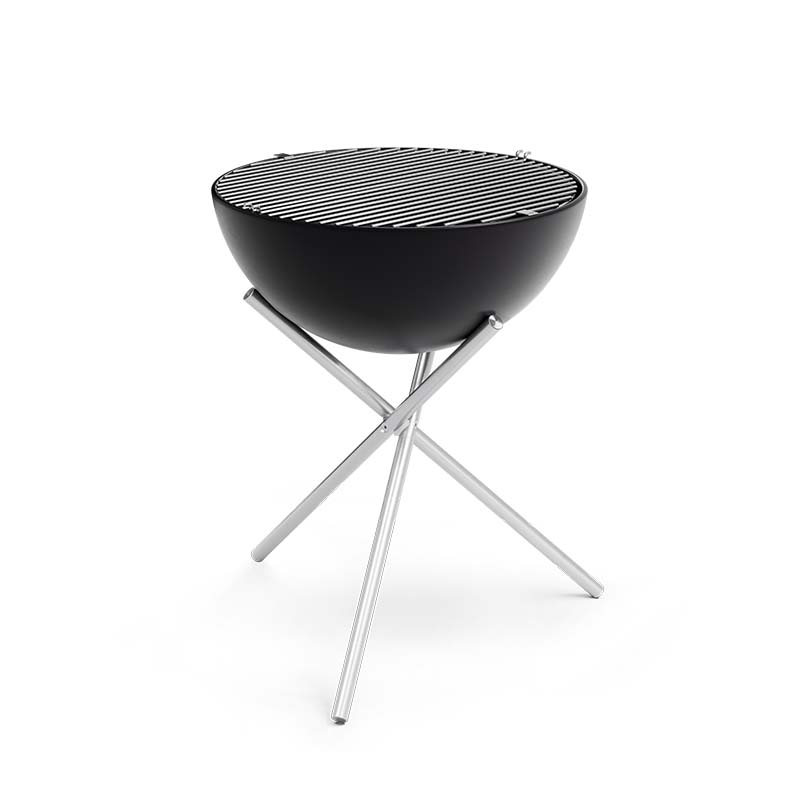 An image showing the barbecue grill with a black grill top and stainless legs, with the BOWL 57 Grid.