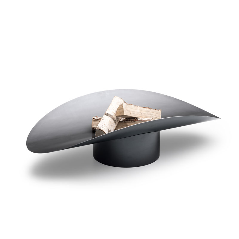 The photo presents a black hat with a pile of wood, with the ELLIPSE Fire Bowl.