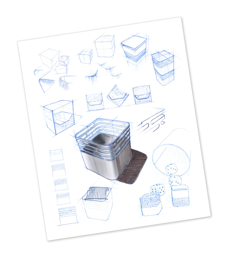 An image showing a drawing of a container with a pencil and a pencil, with the CUBE Plancha.