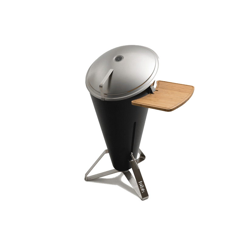 A view of a black and silver grill with a wooden board on top, with the CONE Board Support.