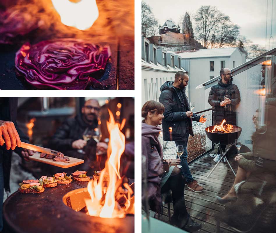 a col collage of a man cooking food over a fire.