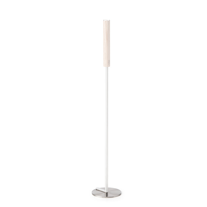 Illustrated is a white floor lamp with a wooden shade, with the Stainless Steel Base for Poker.