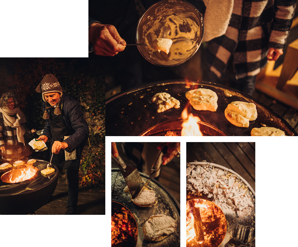 Depicted here is a man is cooking food on a grill, with the BOWL Fire Bowl.