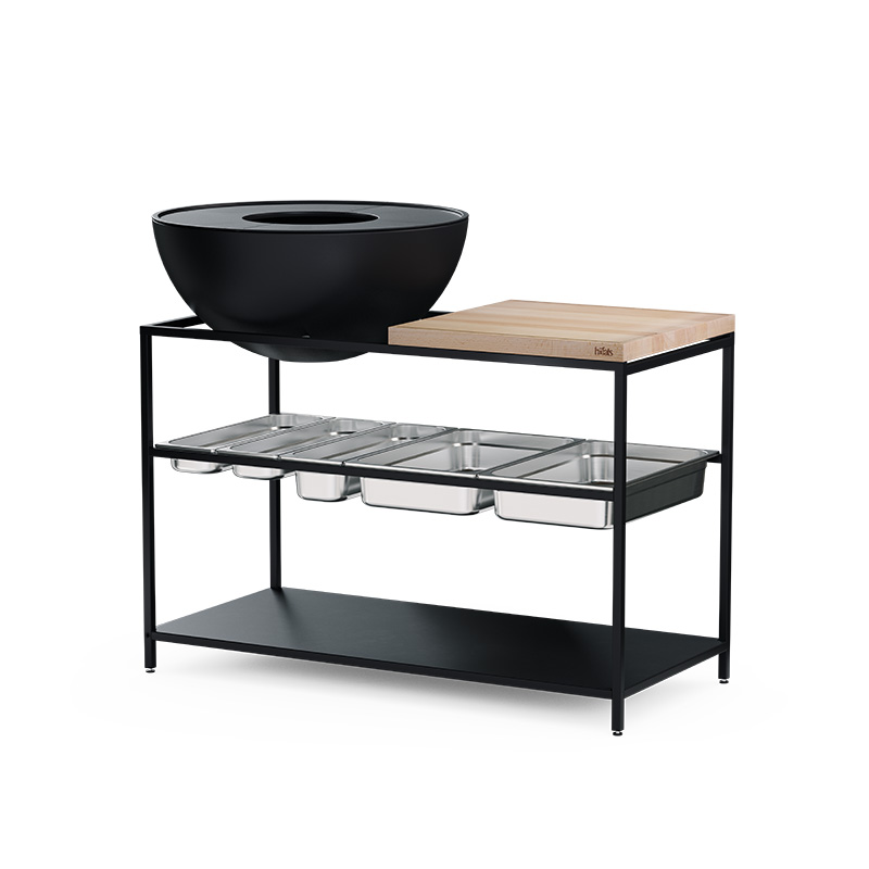 A black metal frame with a wooden cutting board with a bowl on top, with the 00764 FIRE KITCHEN Stainless Steel Container Set (5 pcs) adding a functional and elegant touch to the scene.
