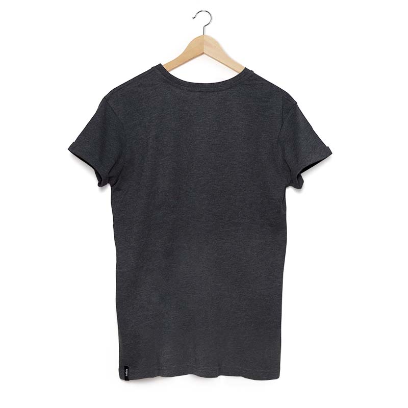 Illustrated is a black t shirt hanging on a wooden hanger, with the SHIRT Men grey S.