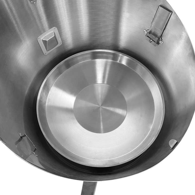 A view of a stainless steel bowl with a metal handle, with the CONE Ash Tray.