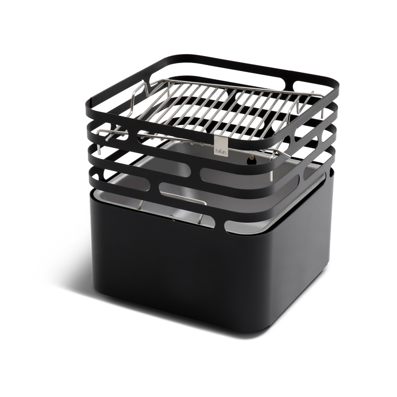 a black steel grill with grid inside on white background, the Cube BBQ Set