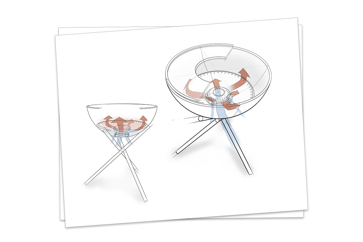 This image shows a drawing of a barbecue grill with a glass of wine, with the BOWL 57 Ash Tray.