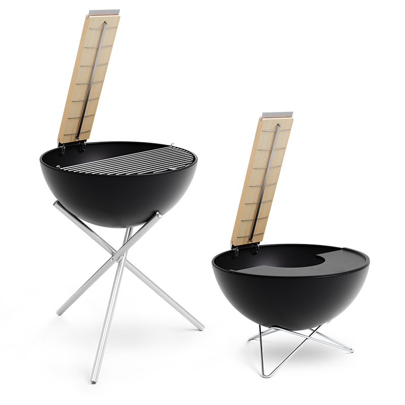 Flame-grilled salmon board Two black bowls with a metal stand each having the 00702 Flame-grilled salmon board attached to them