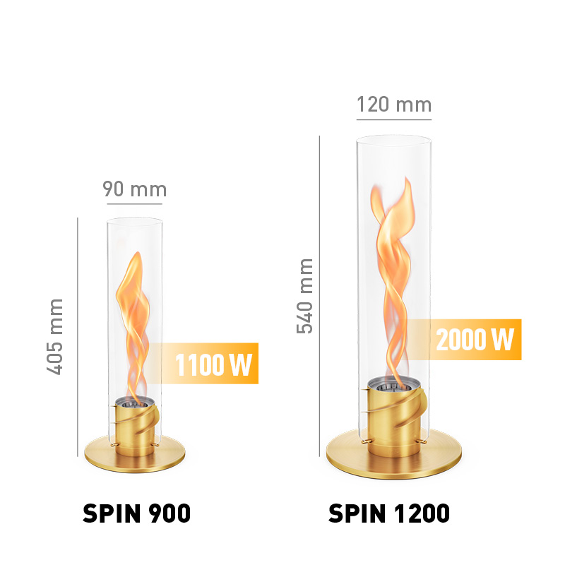 SPIN 900 Tabletop Fireplace gold Depicted here is the size of the flame is shown in the image, with the SPIN 900 Tabletop Fireplace gold.