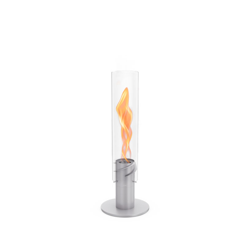 The photo presents a small fire pit with a metal stand, with the SPIN 900 Stand Elevation grey.