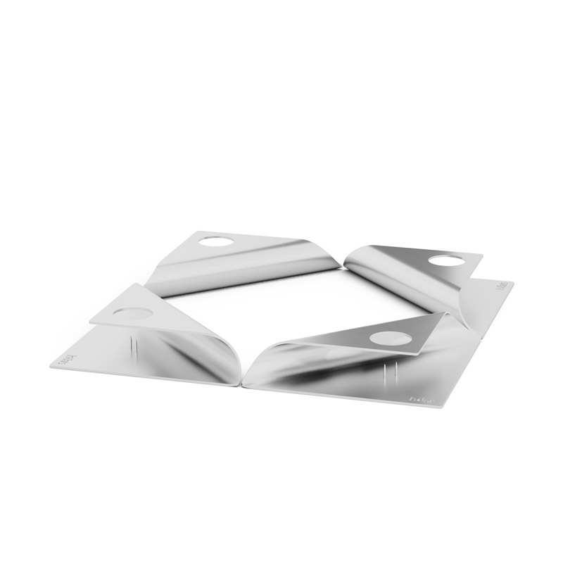 Illustrated is a white tray with two pieces of paper on it, with the SQUARE CANDLE Candleholder Set silver.