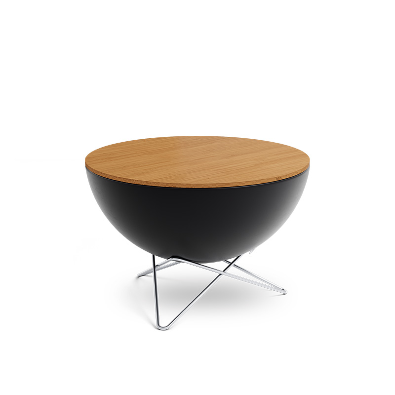 BOWL 70 Board The photo presents a black and wood coffee table with a metal base, with the BOWL 70 Board.