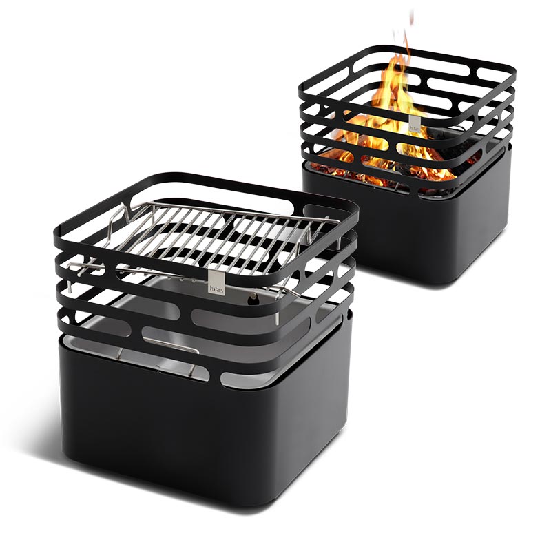 a black steel grill with grid inside on white background, the Cube BBQ Set