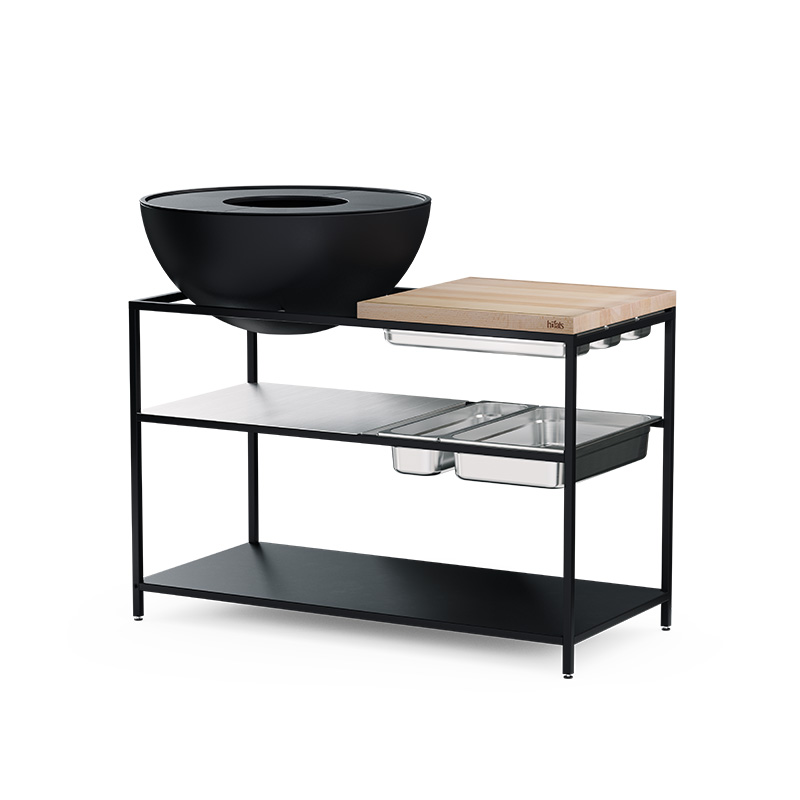 A black metal frame with a wooden cutting board with a bowl on top, with the 00764 FIRE KITCHEN Stainless Steel Container Set (5 pcs) adding a functional and elegant touch to the scene.