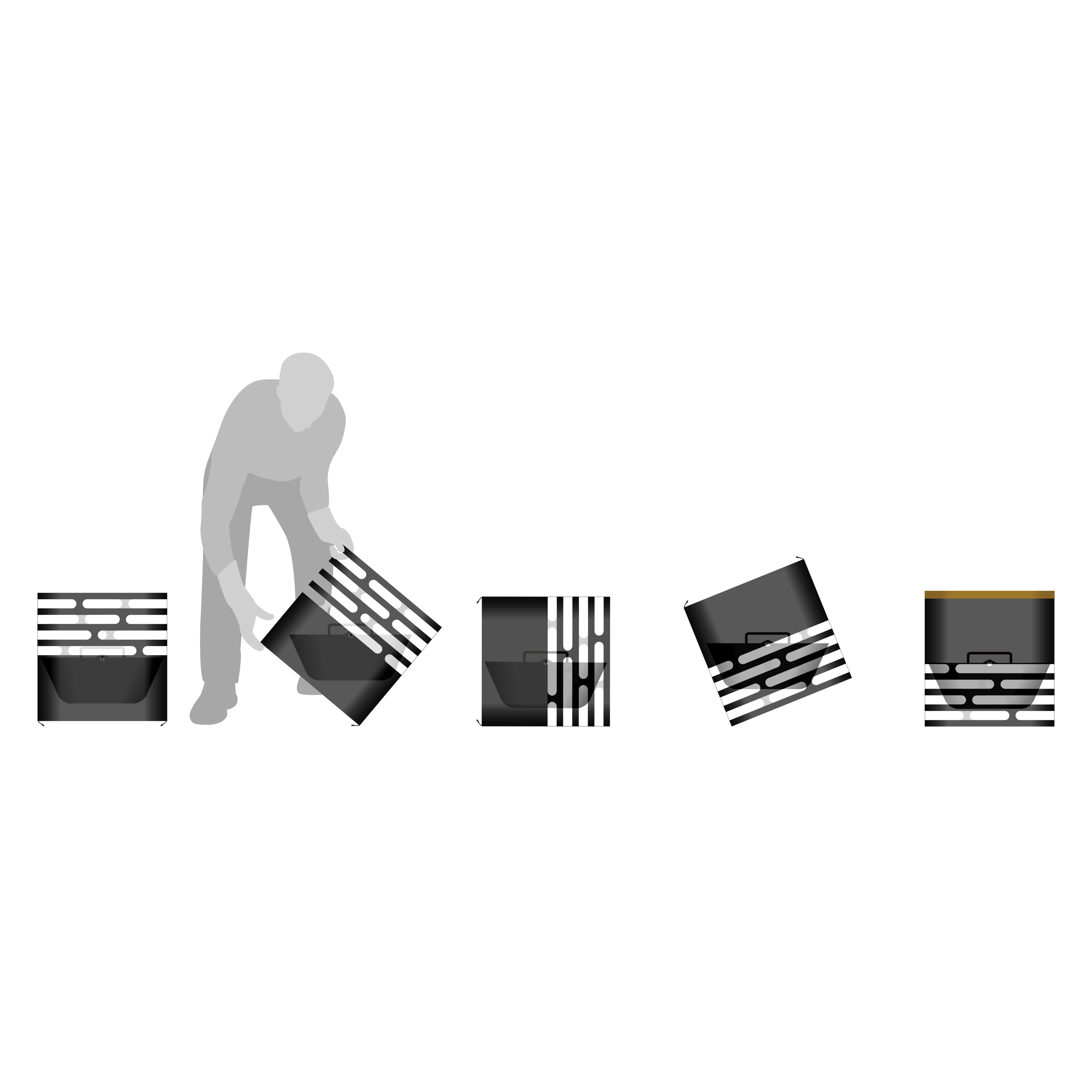 CUBE Fire Basket black The photo presents a man is pushing a stack of boxes, with the CUBE Board.