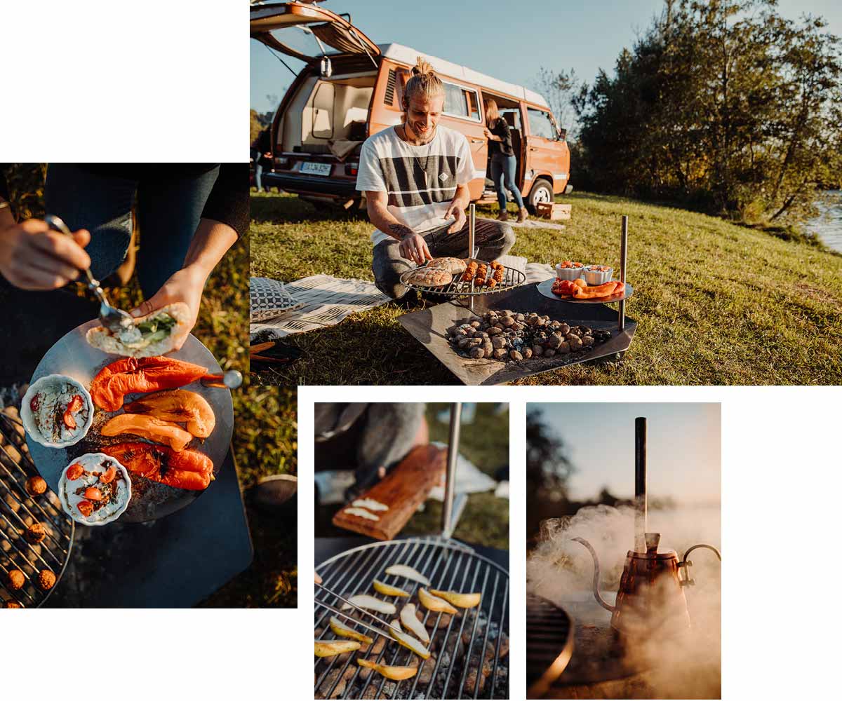 a man grilling food on a grill in the grass.
