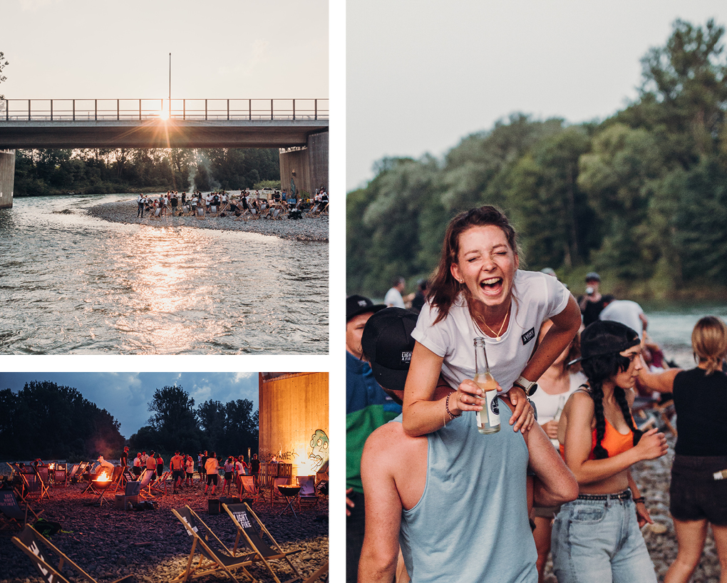 a collage of a couple having a drink by the river.