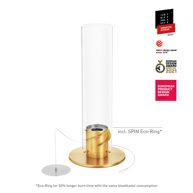 SPIN classic 1200 Tabletop Fireplace gold A view of the gold and white glass cylinder with a gold base, with the SPIN 1200 Tabletop Fireplace gold.