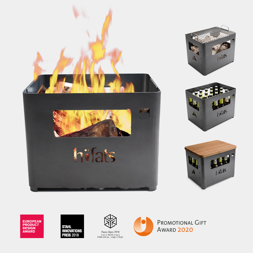 This image shows a fire pit with the words fire pit on it, with the LOGO SPIN Table-top fireplace.