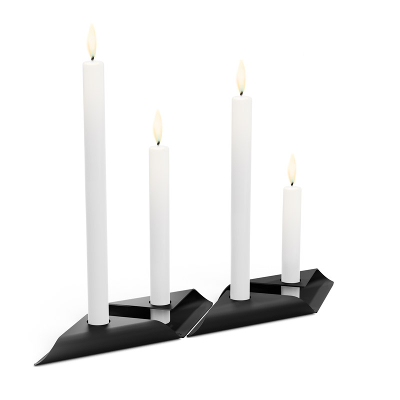 A view of a pair of candles with a white candle, with the SQUARE CANDLE Candleholder Set black.