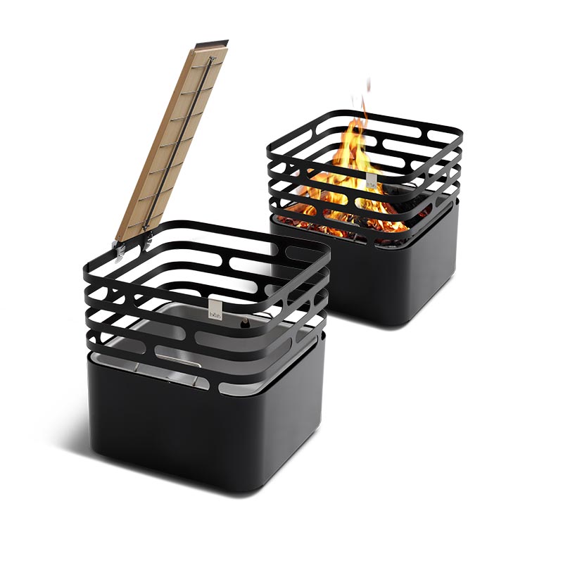 A depiction of two black fire pits with a burning flame, featuring the Cube Ocean Set as a central and purposeful element.