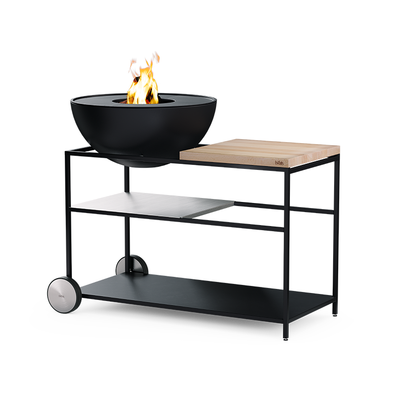 The photo presents a black fire pit on a stand